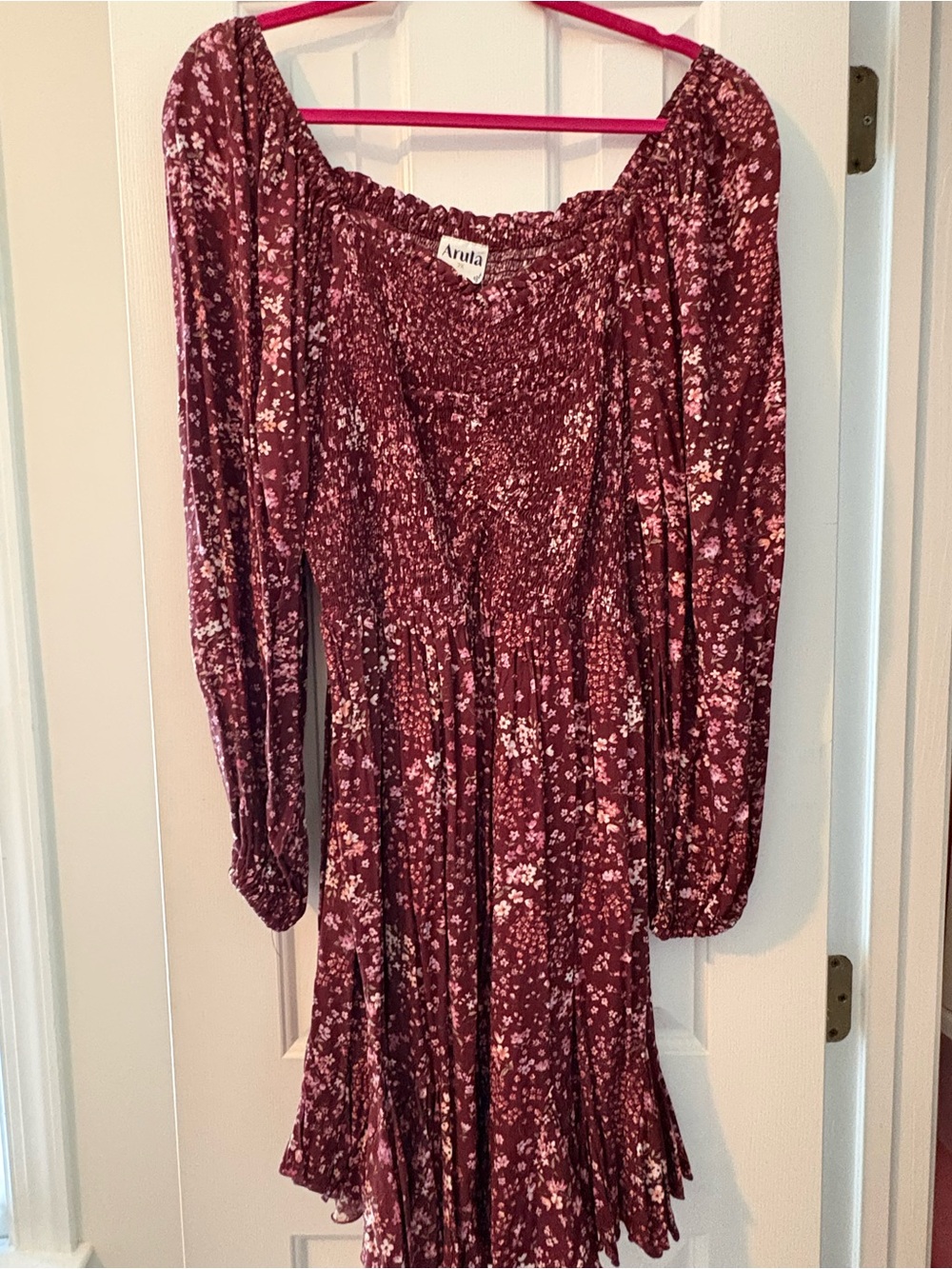 ARULA Burgundy Floral Smocked Long-Sleeve Dress